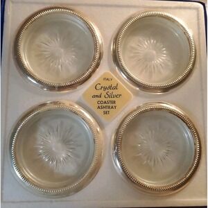Vintage Italian Leonard Eales Crystal and Silver Coaster Ashtray Set, New/Sealed